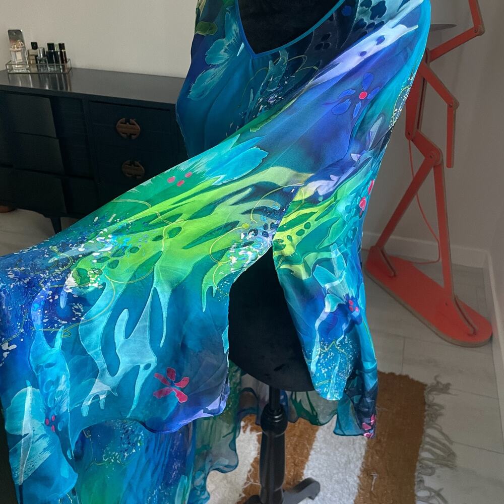 Simply Silk Blue Floral Mermaid Medium Abstract Blue Green Tropical Poncho - Picture 6 of 9